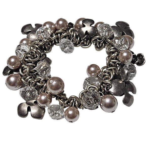 Elegant Silver Tone Beaded Flowers Chunky Cluster Chain Stretch Bracelet Jewelry - Picture 1 of 4